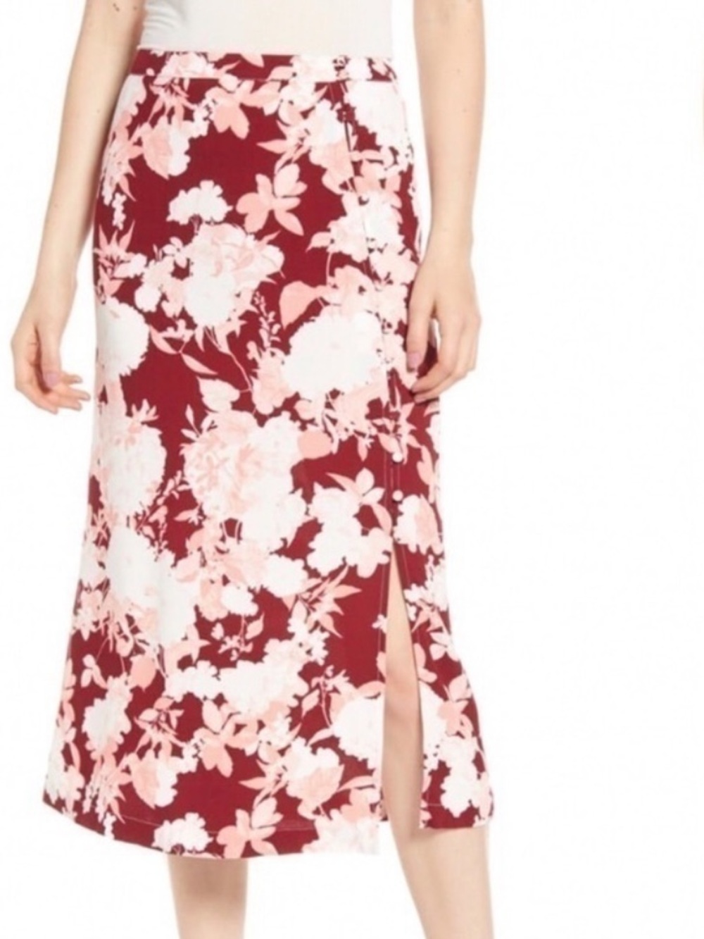 Chelsea28 Burgundy and Pink Floral Midi Skirt